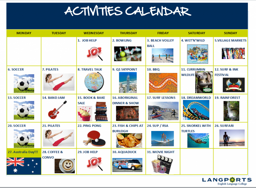 Activities calendar sample Langports